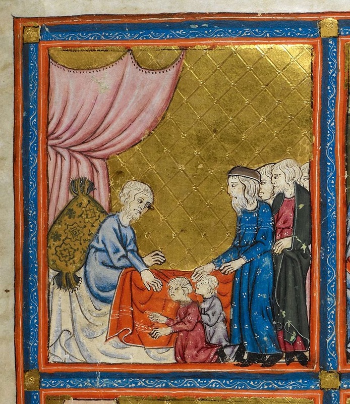 Jacob Blessing Ephraim and Manasseh (miniature on vellum from the early 14th century Golden Haggadah, Catalonia)