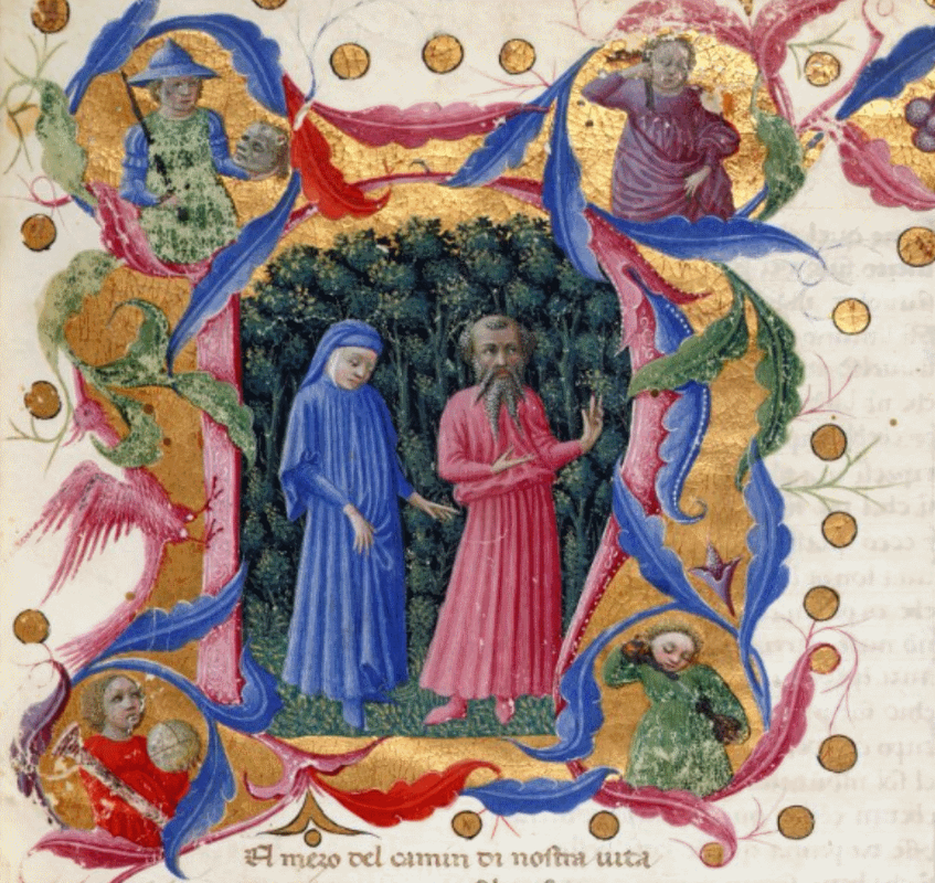Dante and Virgil stand at the dark wood. From the bebinning of Canto 1 of Inferno. Illustration by  Priamo della Quercia