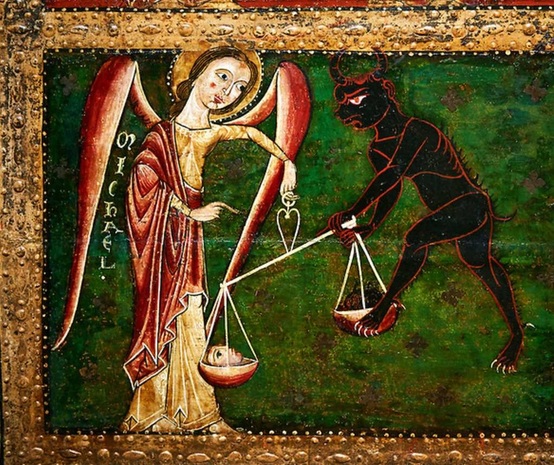 The Testament of Abraham and the weighing angel. The dead are weighed on  the balances by the archangel Dokiel.